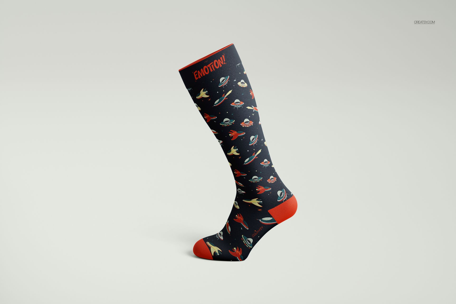 Over the calf sock mockup showing a single sock with colorful space-themed pattern, front side view on light background.