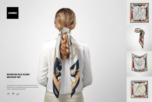 Woman seen from behind wearing a large silk scarf with ornate nautical patterns, shown in a fashion accessory mockup.
