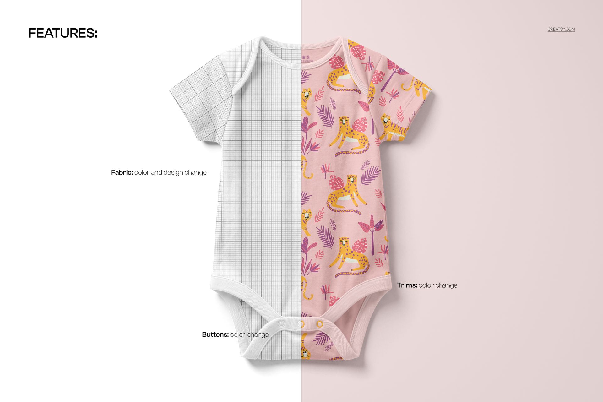 Front view of a short-sleeved baby bodysuit mockup, split with a white grid pattern on one side and a pink animal print on the other.
