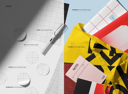 PSD mockup featuring a yellow tote bag and various stationery objects like pens, notebooks, and stickers arranged on a table.