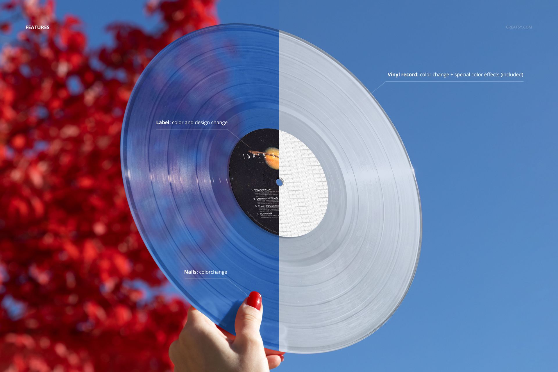 Front view of a colored vinyl record mockup, held by a hand with red nails, with red foliage and blue sky background.