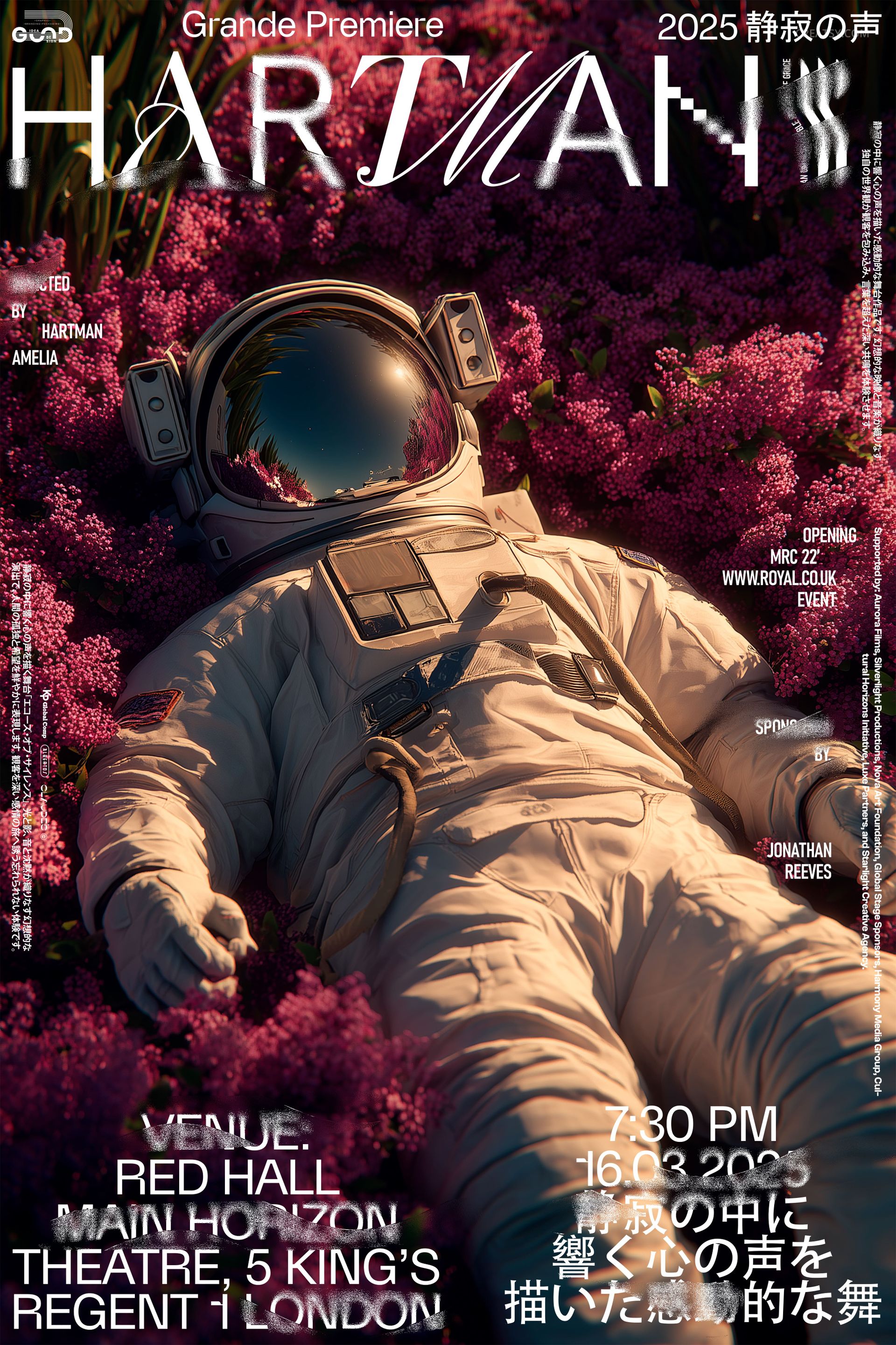 Poster mockup displaying an astronaut in a white space suit resting on lush pink floral ground, with event information overlay.