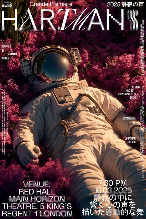 Poster mockup displaying an astronaut in a white space suit resting on lush pink floral ground, with event information overlay.