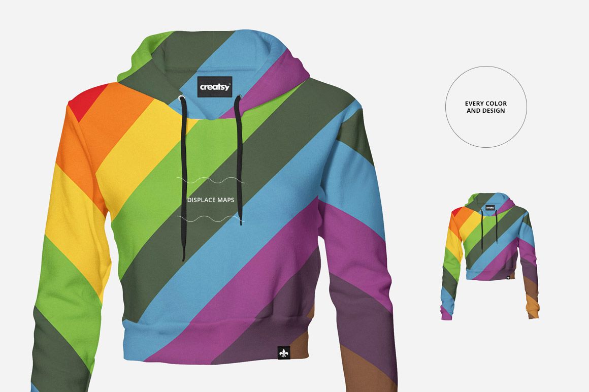 Front view of a crop hoodie mockup with a colorful diagonal stripe pattern on a neutral white background.