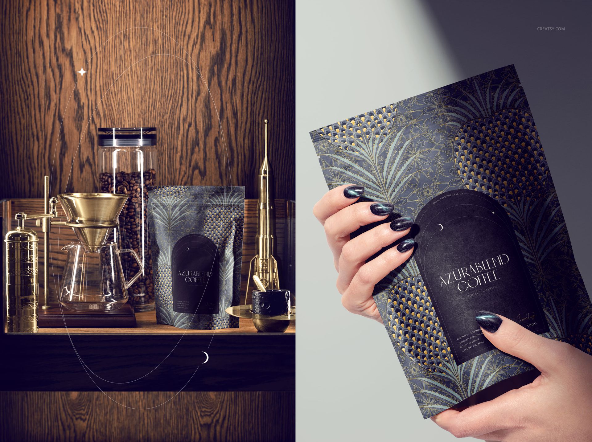 Coffee packaging mockup with dark patterned bags and gold accents, displayed on a wooden shelf next to brewing tools.