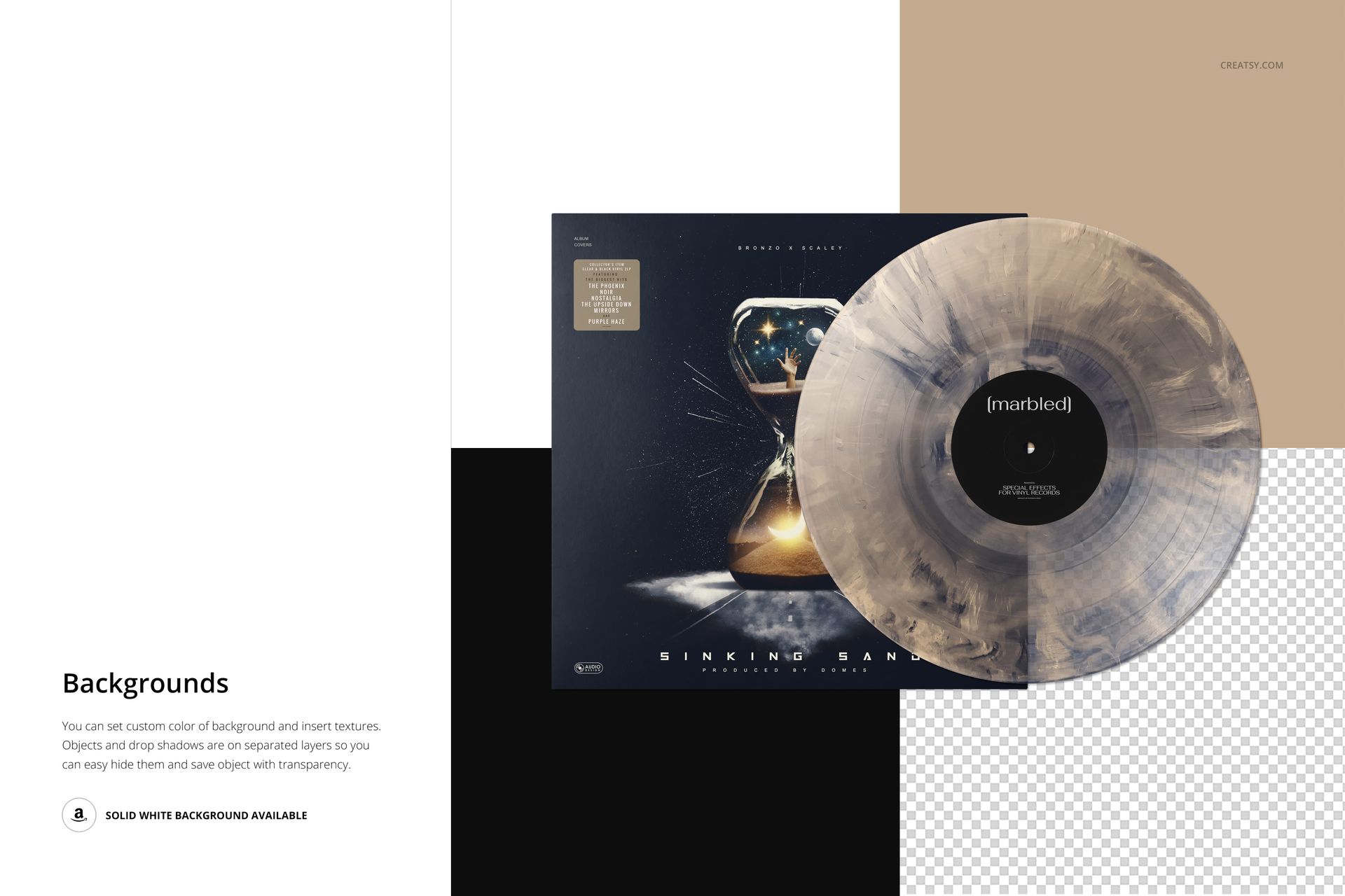 Mockup of a vinyl record with a marbled pattern placed over its cover, shown against a segmented background.