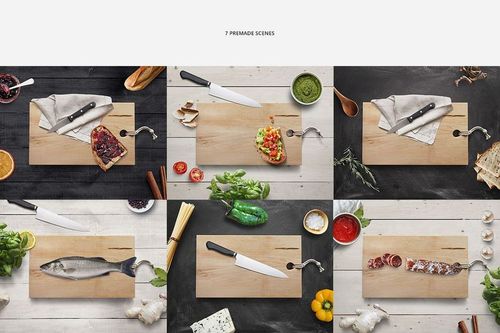 Engraved wooden cutting board mockup shown in six different kitchen scenes with various foods and props.