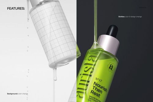 PSD mockup featuring two skincare serum bottles, one clear with grid lines and one green, both with liquid drops.
