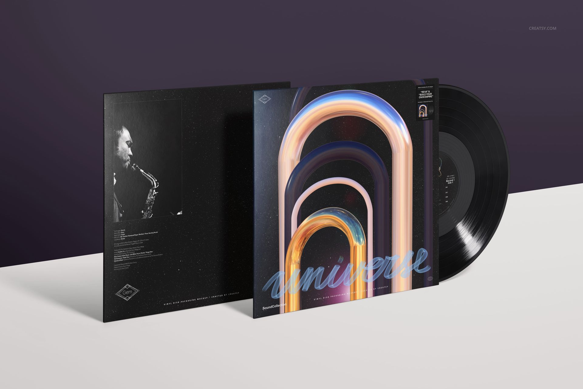 PSD mockup displaying a black vinyl record with a modern, multicolored arch-themed sleeve and a dark purple backdrop.