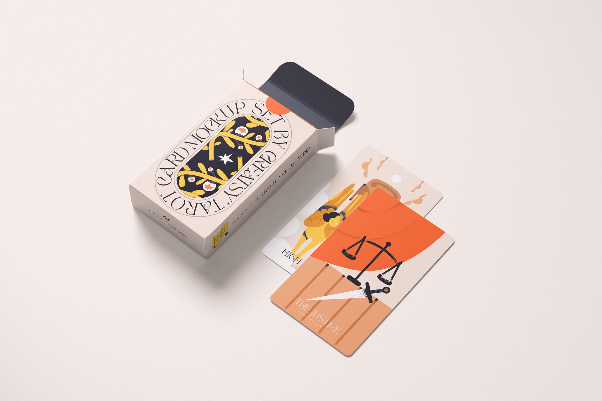 Tarot card PSD mockup showing colorful card artwork and packaging on a pale background, top perspective.