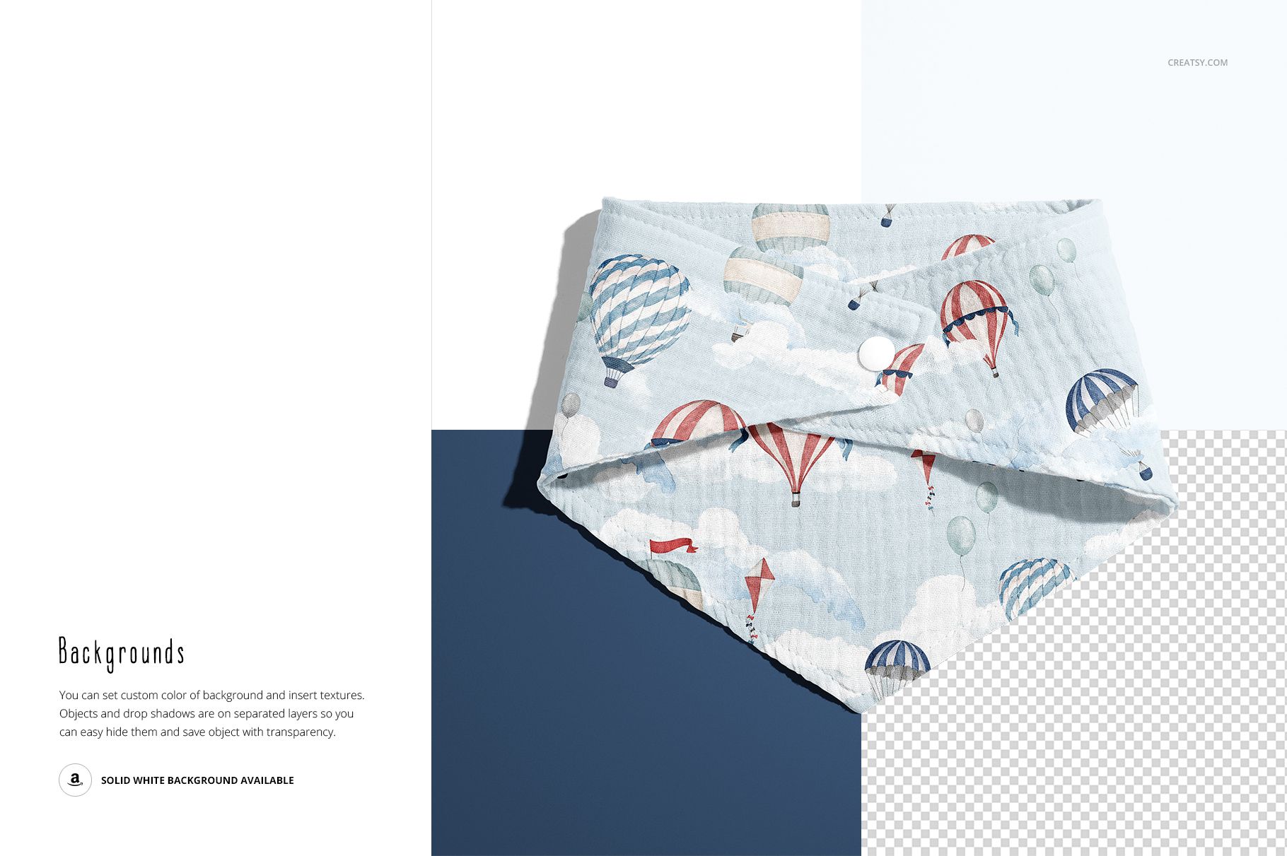 Front view of a baby muslin bandana mockup featuring a whimsical balloon and cloud design on a textured fabric.