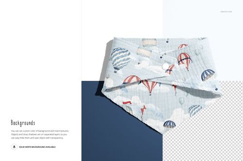 Front view of a baby muslin bandana mockup featuring a whimsical balloon and cloud design on a textured fabric.