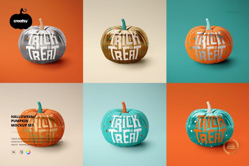 PSD mockup of Halloween pumpkins arranged in a grid, each with unique colors and 'Trick or Treat' design, viewed from the front.