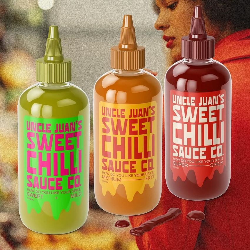 Sauce bottle mockup featuring three plastic bottles with colorful labels, each filled with different colored sauces, set against a blurred background.