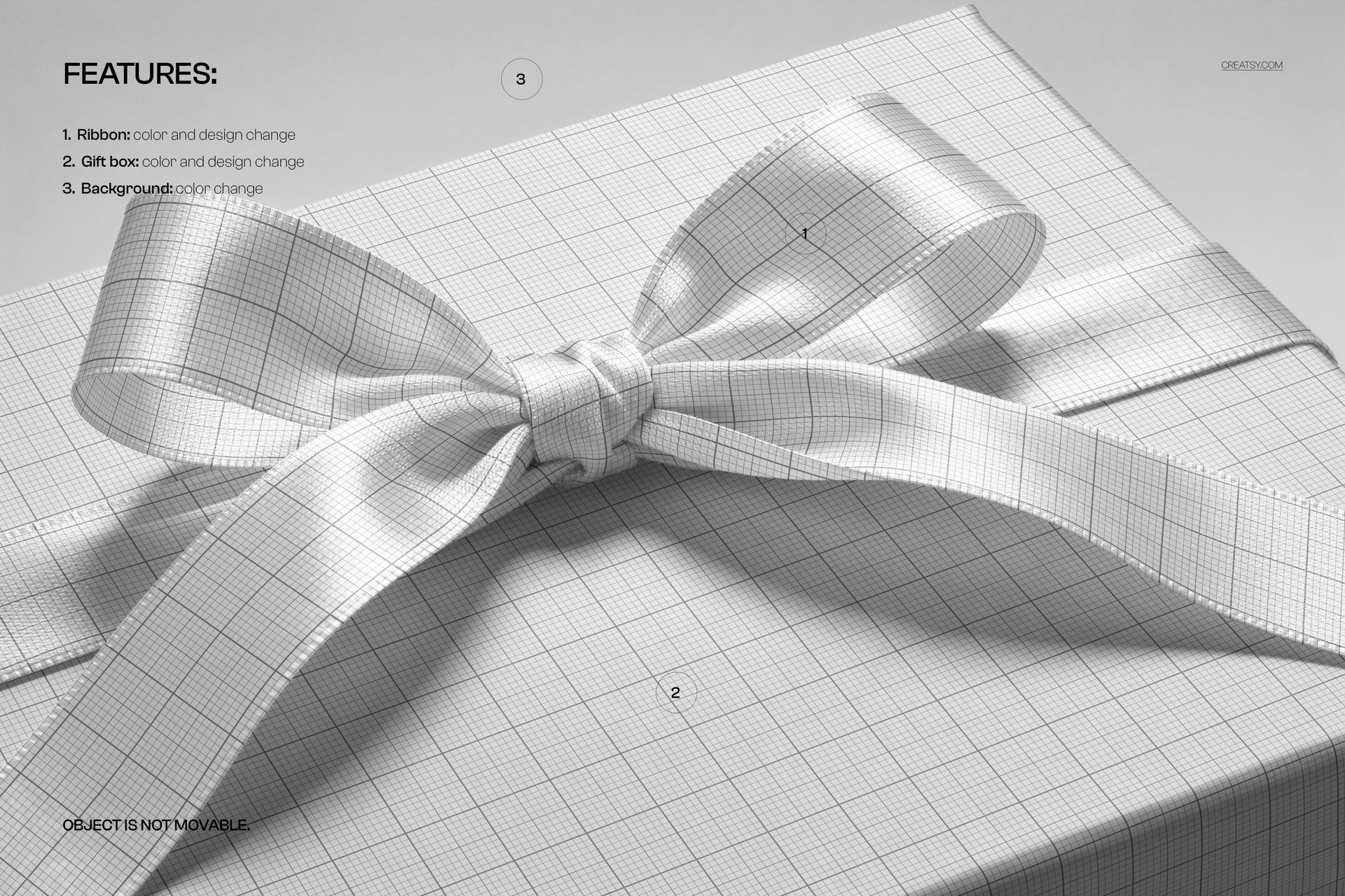 Premium gift box mockup with a satin ribbon, shown in a top angled view with a grid pattern overlay.