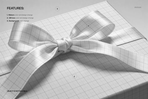 Premium gift box mockup with a satin ribbon, shown in a top angled view with a grid pattern overlay.