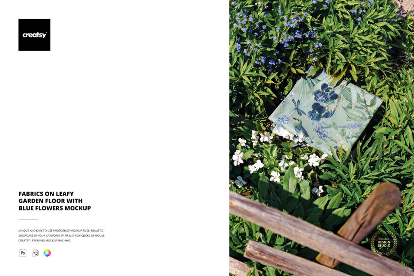 Fabrics on Leafy Garden Floor with Blue Flowers Mockup - mockup screenshot 1
