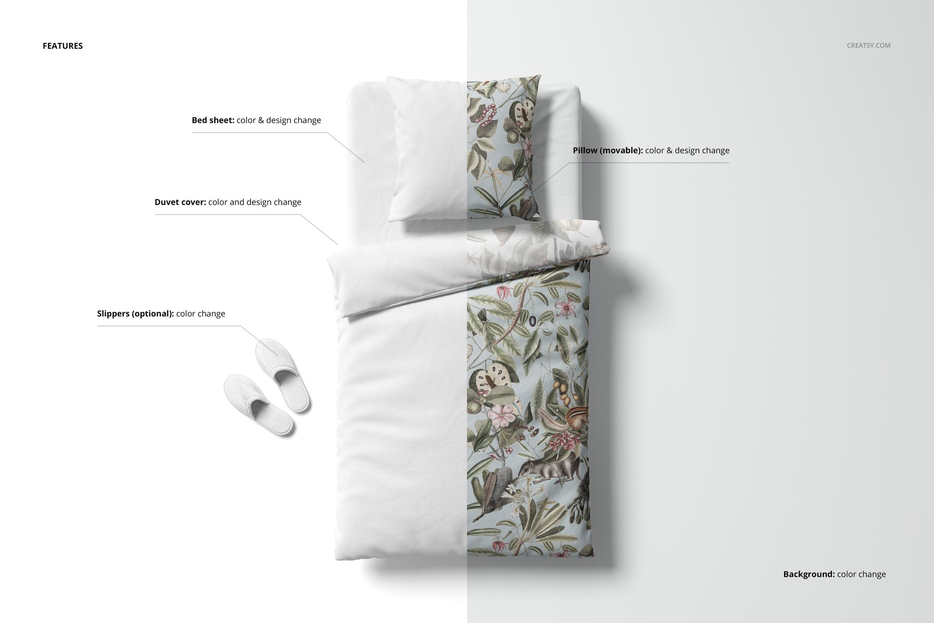 German size bedding set mockup showing a duvet, pillow, and slippers on a white background, top-down view.