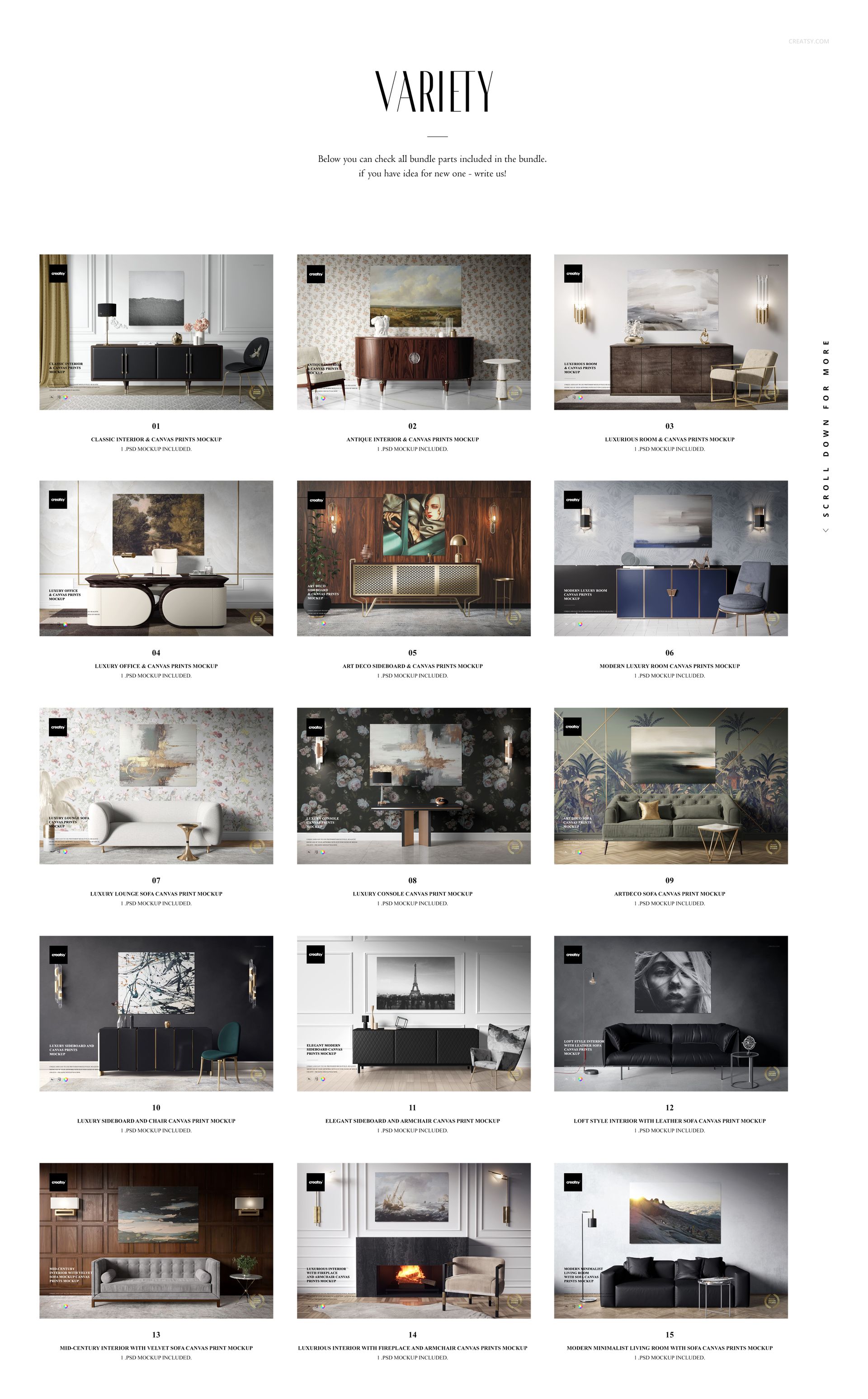 Collection of interior mockups showing sofas, armchairs, wall art, and patterned wallpapers in different styles.