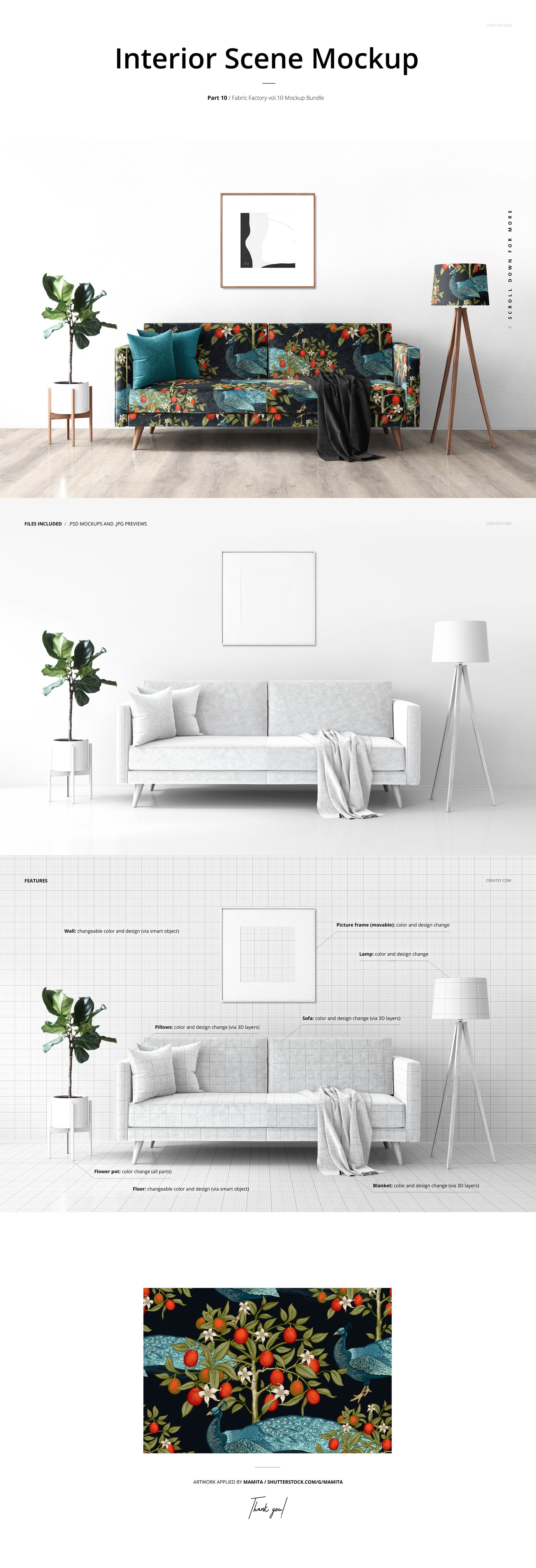 Living room mockup scene with a patterned sofa, potted plant, framed artwork, and standing lamp in a bright interior.
