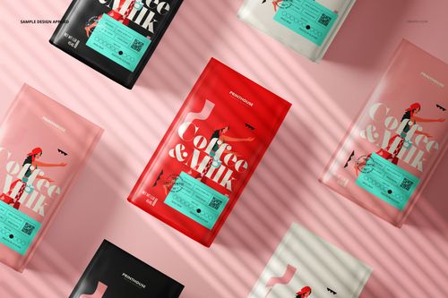 Front view of several mockup side gusset bags featuring varied graphic prints, set on a pink surface with striped shadows.