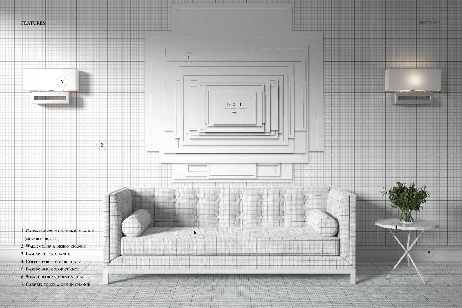 Front view of a mid-century interior with a velvet sofa, geometric wall art mockup, grid-patterned walls, and a round side table.