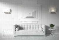 Front view of a mid-century interior with a velvet sofa, geometric wall art mockup, grid-patterned walls, and a round side table.