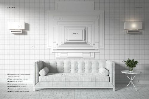 Front view of a mid-century interior with a velvet sofa, geometric wall art mockup, grid-patterned walls, and a round side table.