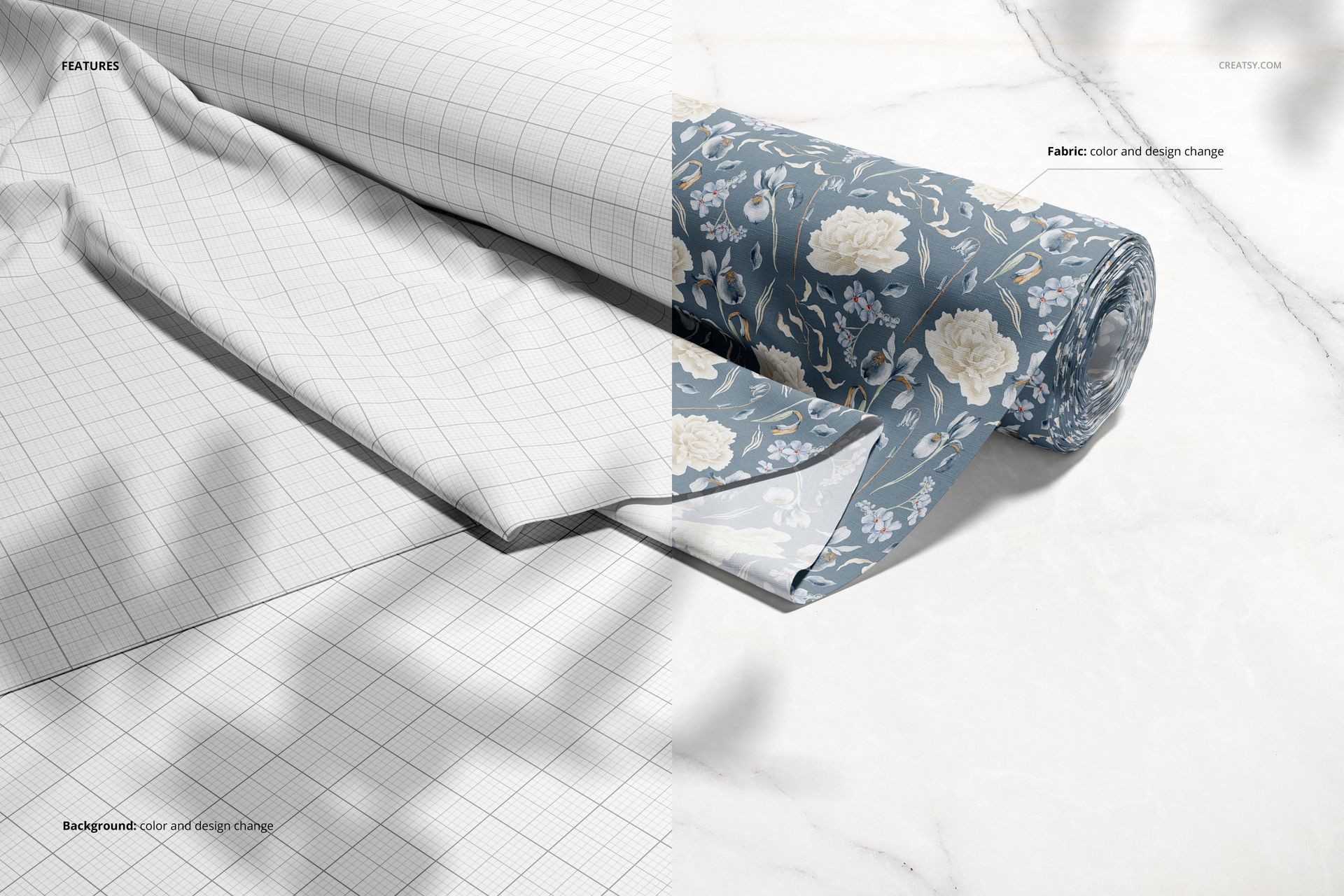 Stacked and rolled fabric mockup set showing a grid pattern and a blue floral design on a marble surface.