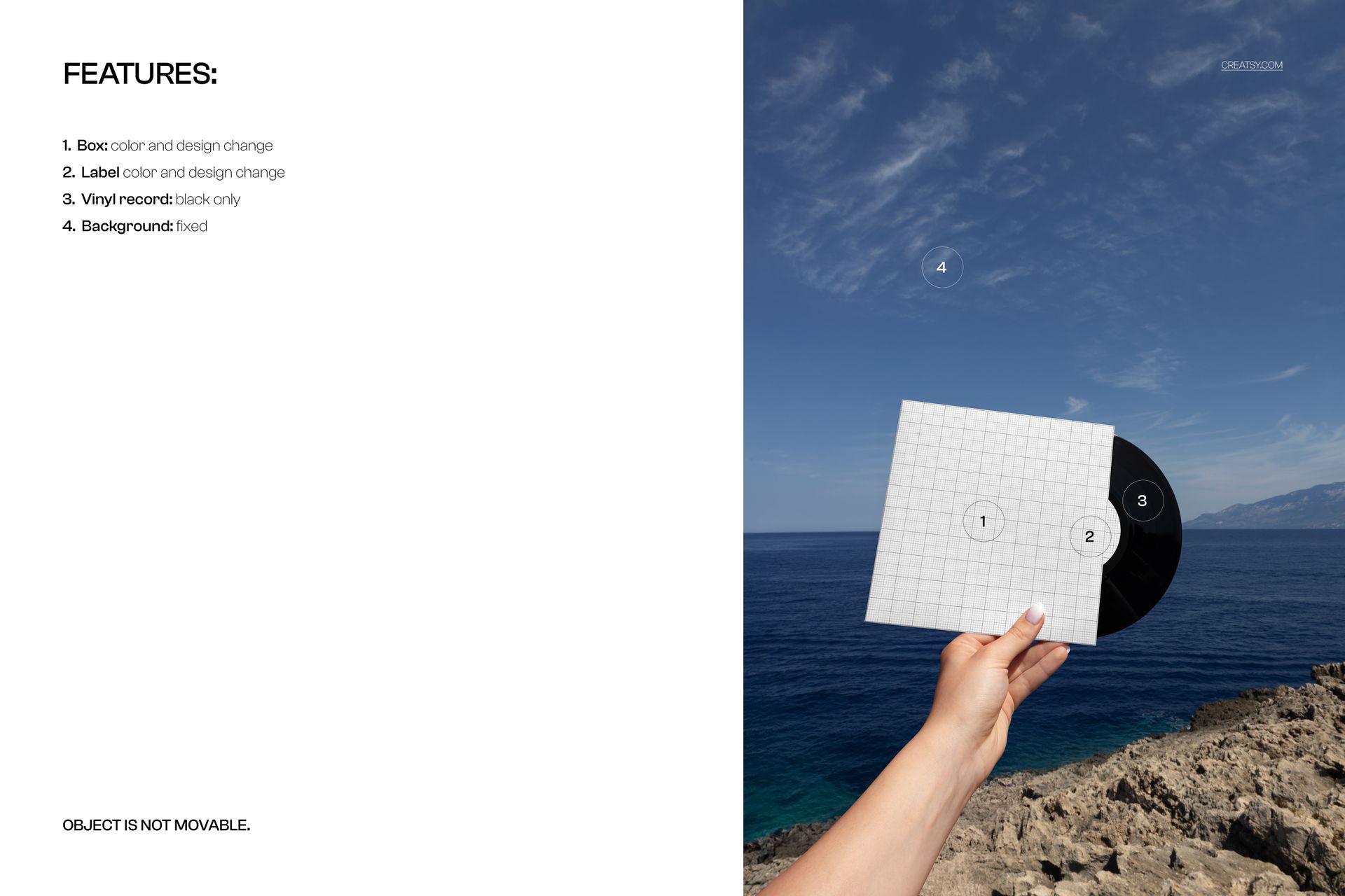 Hand holding a black vinyl record mockup with a square cover against a clear blue sky and sea background.