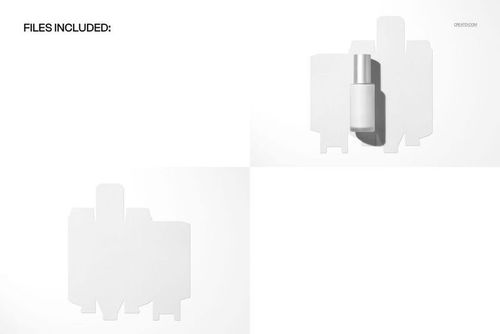 Minimalist mockup featuring a frosted glass pump bottle and flat unfolded box, viewed from above on a white background.