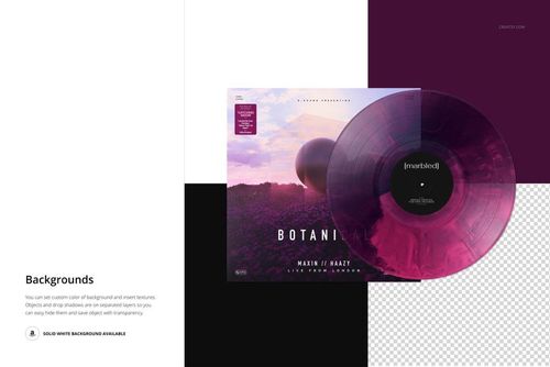 PSD mockup showing a translucent purple marbled vinyl record and its cover with a nature-inspired sunset scene.