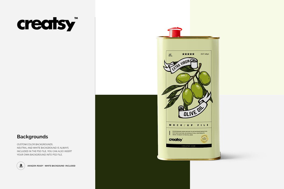 Olive oil tin mockup featuring a light yellow container, olive branch artwork, and gold trim, displayed upright.