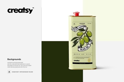 Olive oil tin mockup featuring a light yellow container, olive branch artwork, and gold trim, displayed upright.