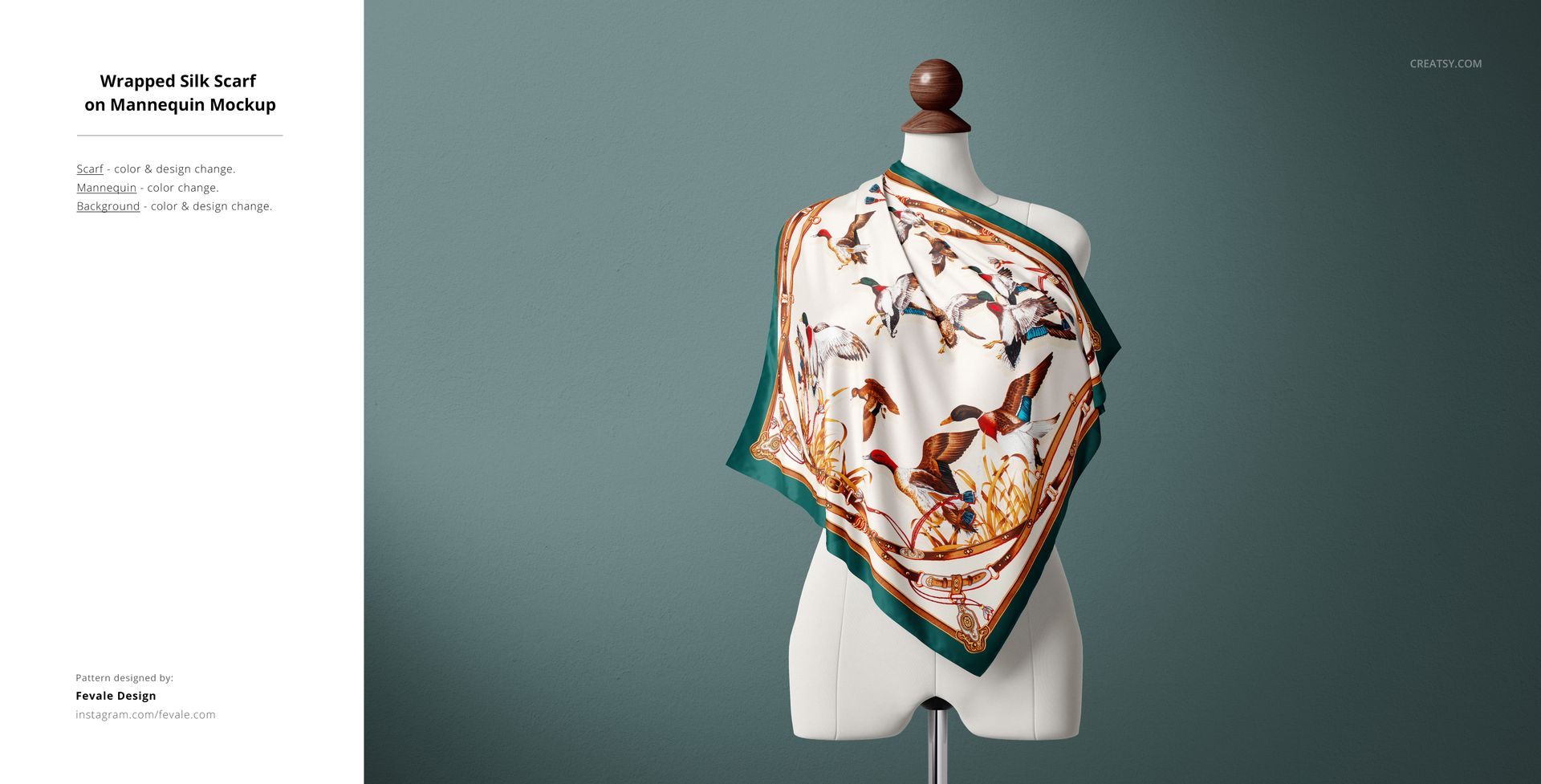 PSD mockup displaying a silk scarf with a nature-inspired print and green trim on a torso mannequin in a studio setting.