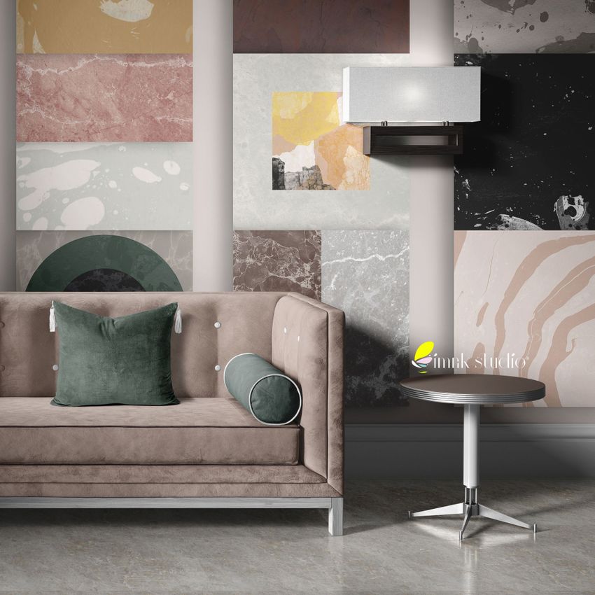 Velvet sofa and coffee table mockup featuring a taupe sofa with green pillows, set against a wall with abstract patterned panels.