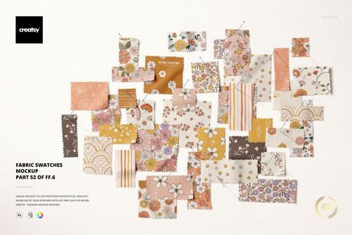 Fabric swatches mockup showing a mix of orange, pink, and beige designs, including florals and stripes, in a top-down perspective.