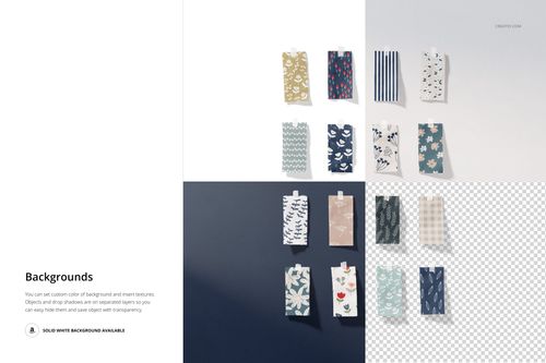 Mockup set of rectangular fabric samples with floral, geometric, and striped designs, presented on contrasting surfaces.