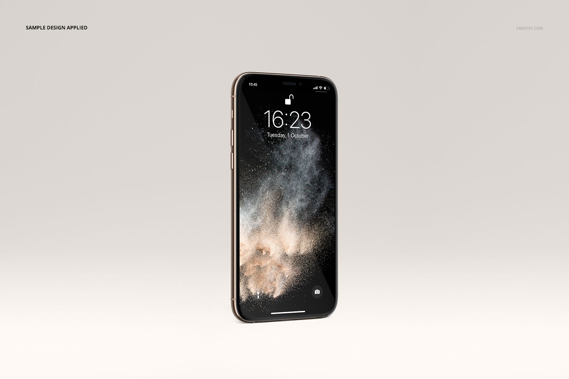 Single iPhone 11 Pro mockup shown upright with a dark starry wallpaper, minimalistic light backdrop.
