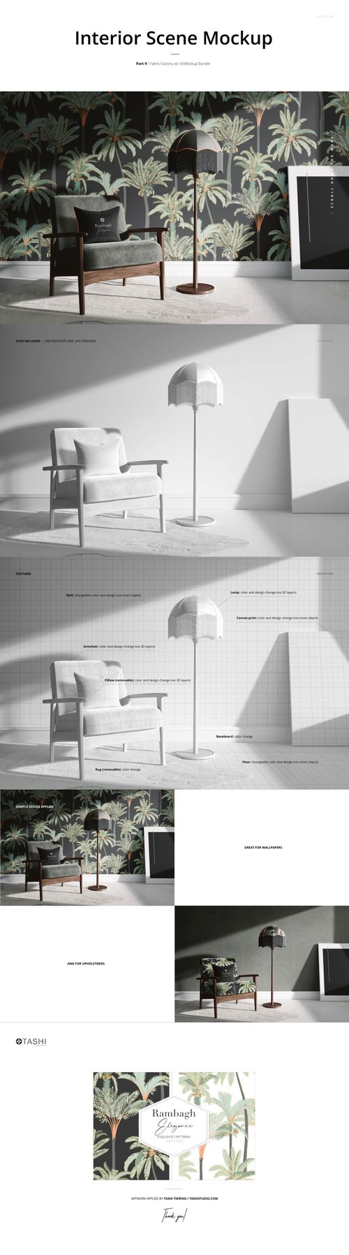 Interior scene mockup featuring a chair and lamp against a wall with tropical palm tree pattern, front view.