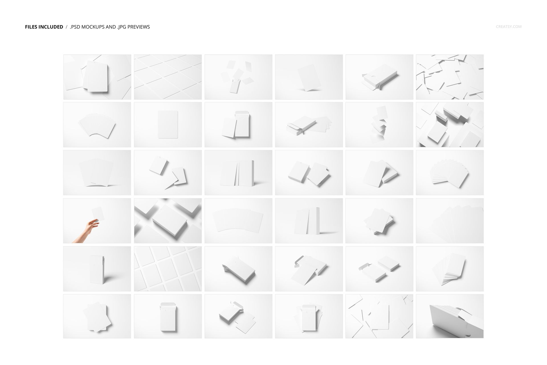 Set of blank playing cards and packaging mockups arranged in a grid, shown from various angles on white backgrounds.