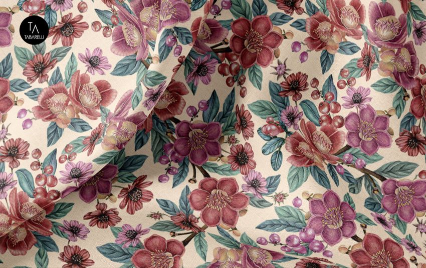 Cotton fabric mockup showing a closeup of draped material with a detailed floral pattern in pink, purple, and green tones.