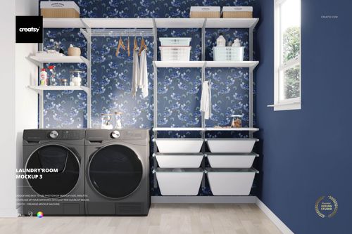 Modern laundry room mockup featuring organized shelves, storage bins, and floral blue wallpaper behind appliances.