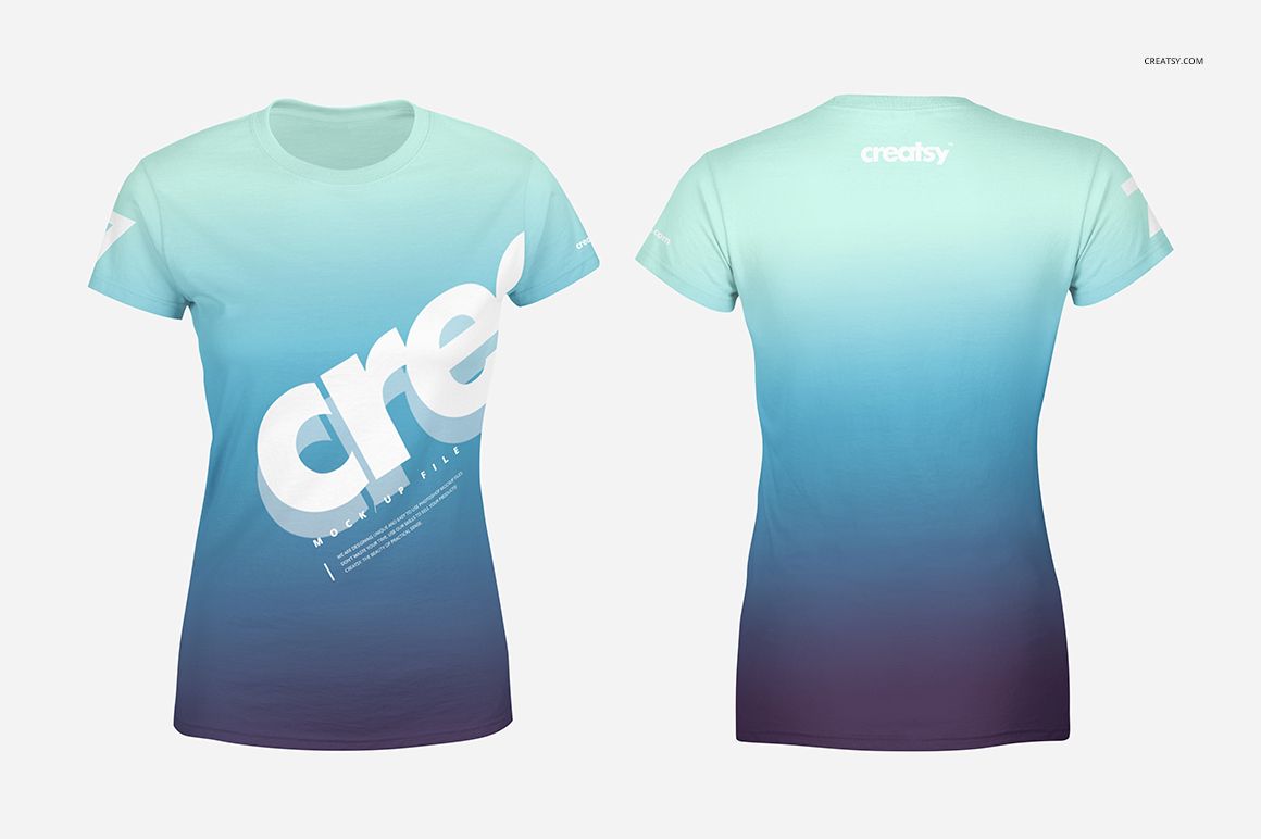 Front and back view of a women's t-shirt mockup with a blue gradient design, displayed on a plain background.