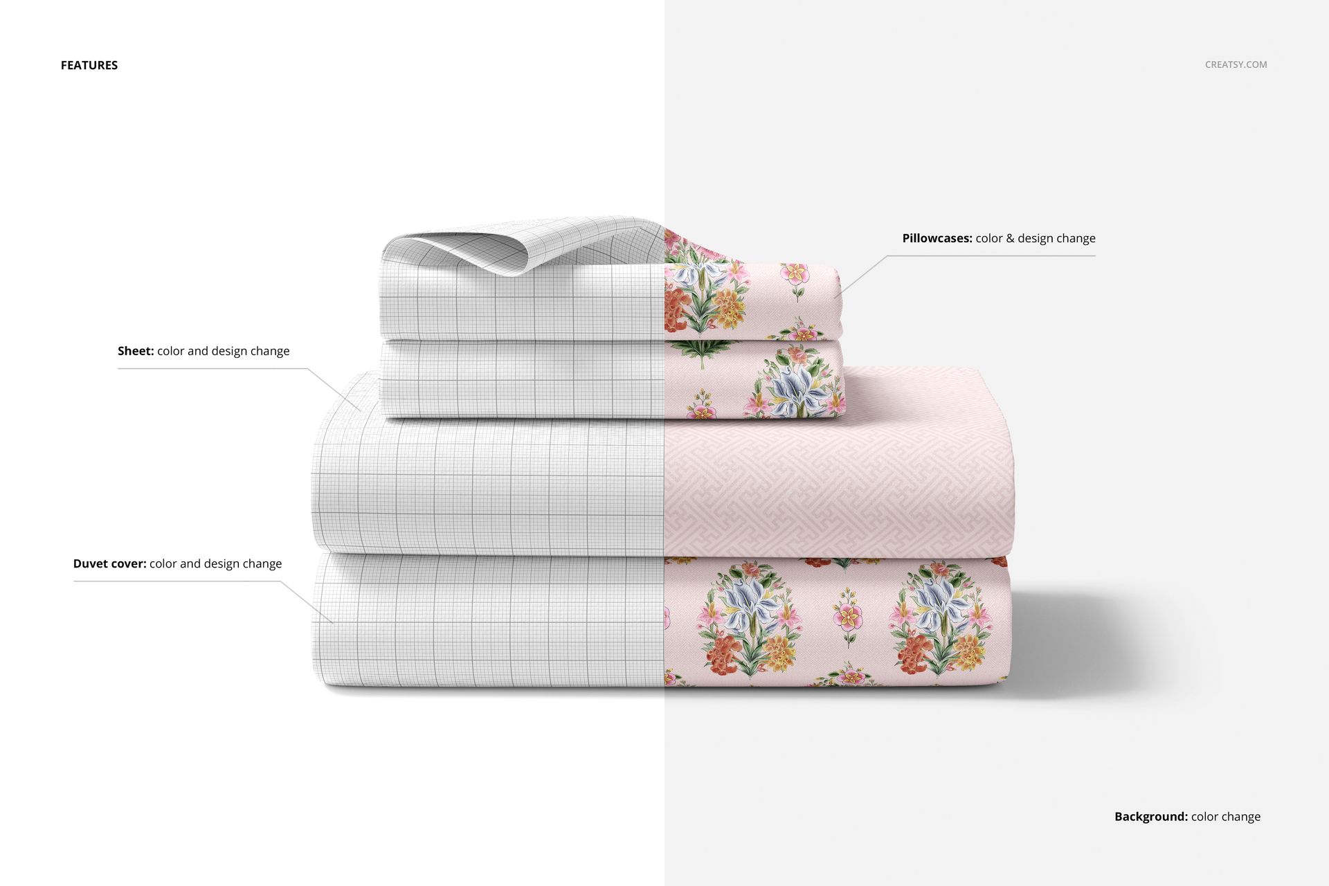 Stacked bedding set mockup showing a duvet cover, sheet, and pillowcase with split patterns and color options.