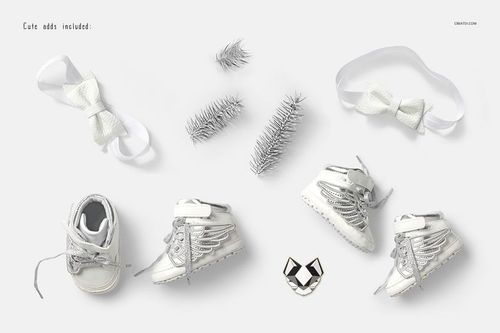 Baby sweatshirt mockup set featuring a heather gray sweatshirt, silver shoes, bows, and pine branches on a light background.