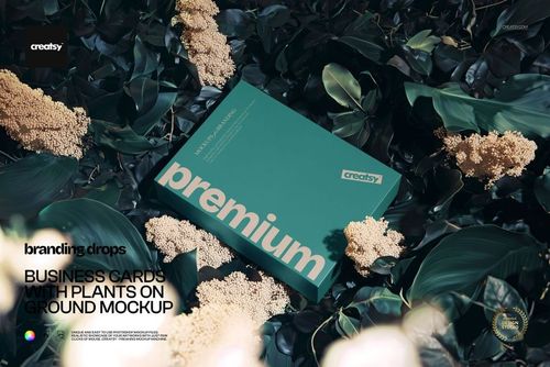 PSD mockup of a teal packaging box placed among lush green foliage and clusters of pale flowers, viewed from above.