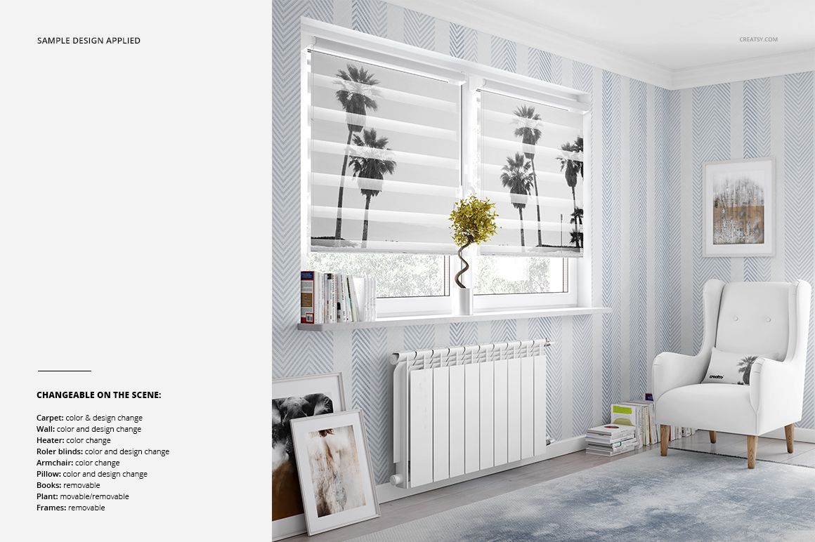 Roller Blind Mockup Set in a bright room, showing two blinds with black palm tree design, books, plant, and wall art.