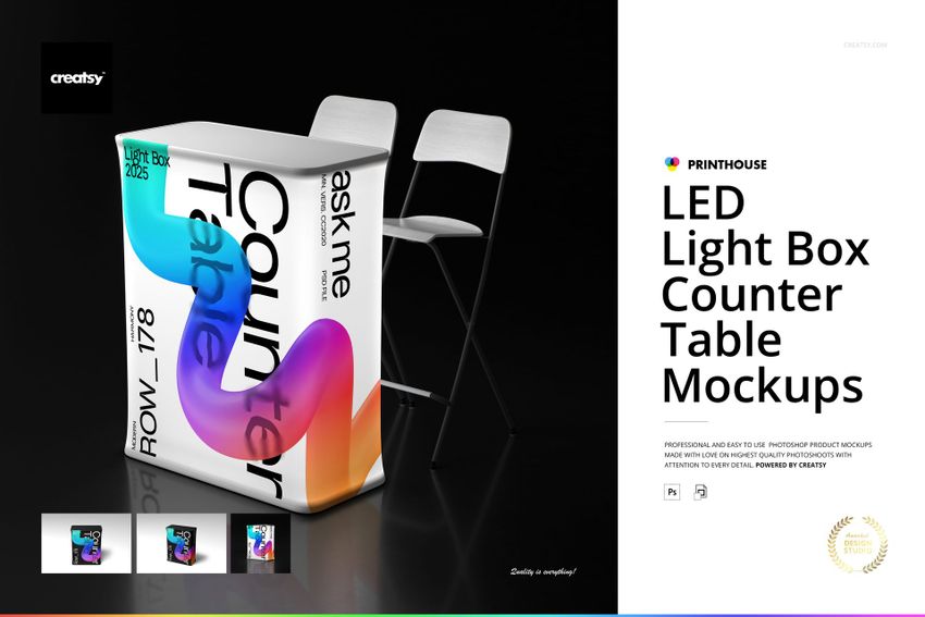 LED light box counter table mockup featuring vibrant curved patterns, shown with matching chairs against a black backdrop.