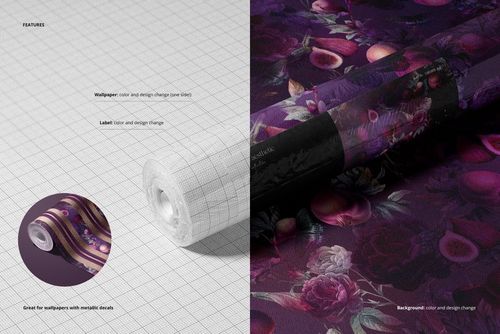 Rolled non-woven vinyl wallpaper mockup with a grid pattern beside a floral purple wallpaper design, shown close-up.